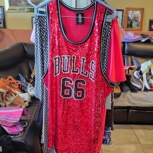 Red sequin jersey with Bulls 66 design.